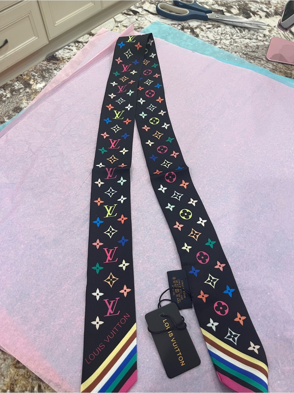 Louis Vuitton Black Multicolor Monogram Silk Twilly Scarf